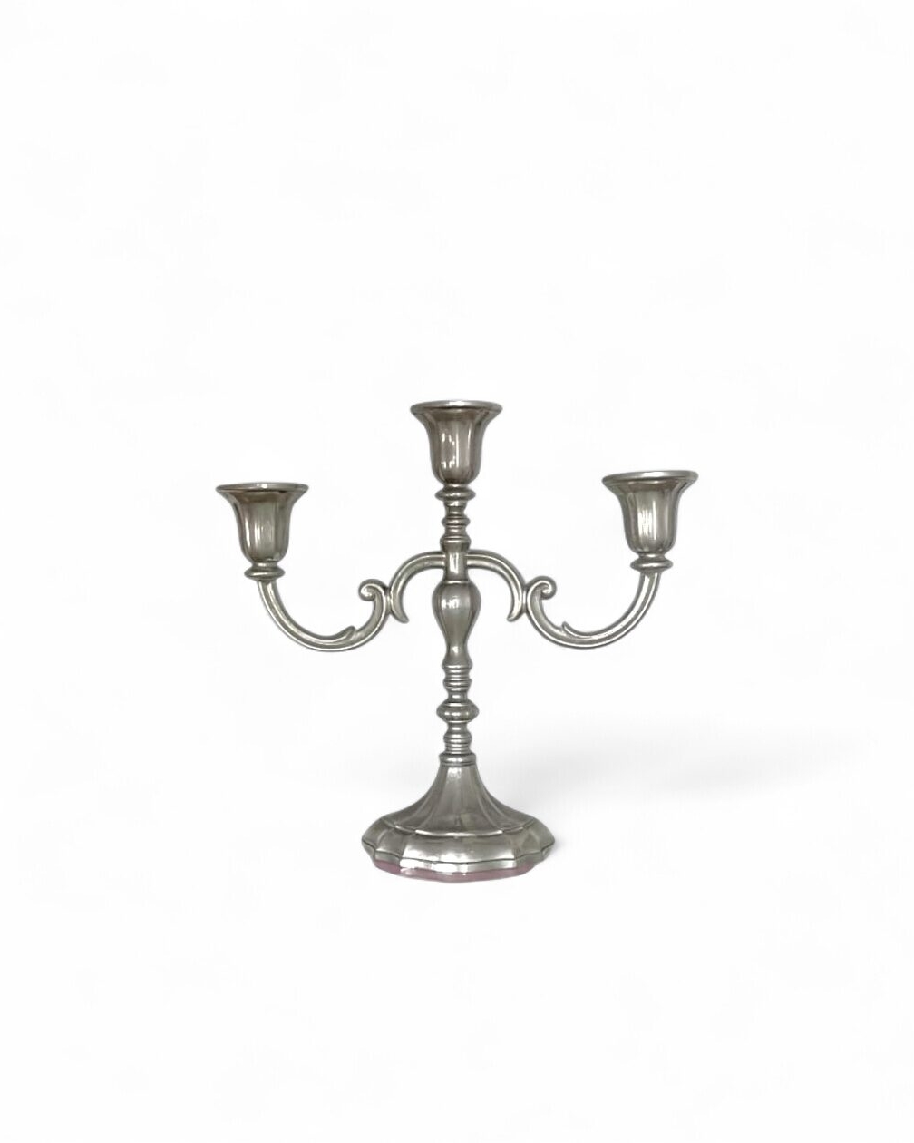 Portacandele vintage a 3 bracci in silver plated patinato