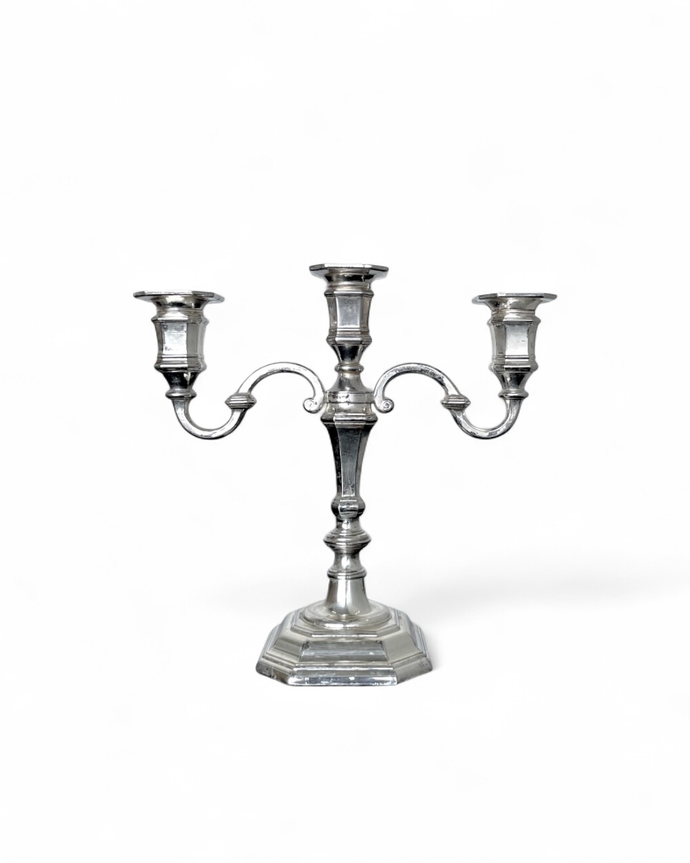Portacandele vintage ottagonale a 3 bracci in metallo argentato