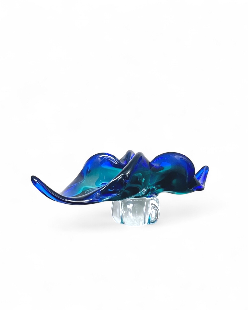 Centrotavola scultura in vetro sommerso di Murano blu e verde