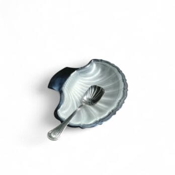 Vintage silver-plated metal shell bowl and frosted glass saucer set with spoon