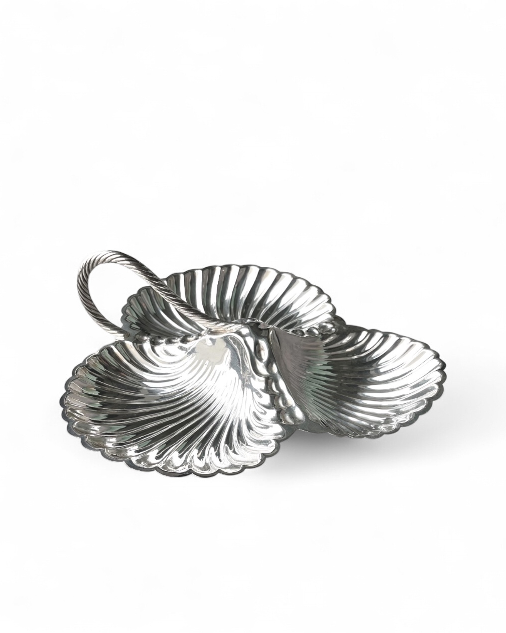 Vassoio centrotavola vintage a 3 scomparti, design conchiglia, William Hutton & Sons Ltd