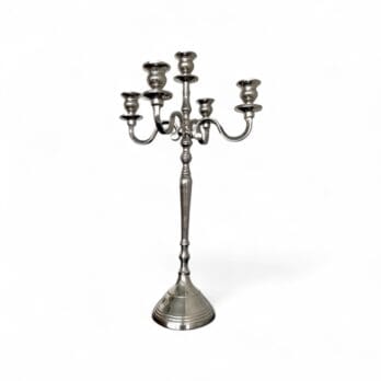 Candelabro a 5 bracci in metallo argentato, altezza 51 cm