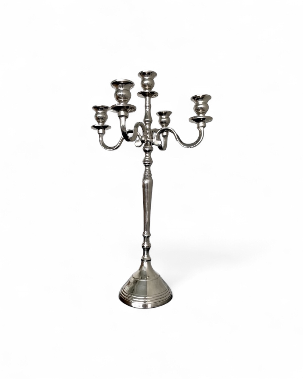 Candelabro a 5 bracci in metallo argentato, altezza 51 cm