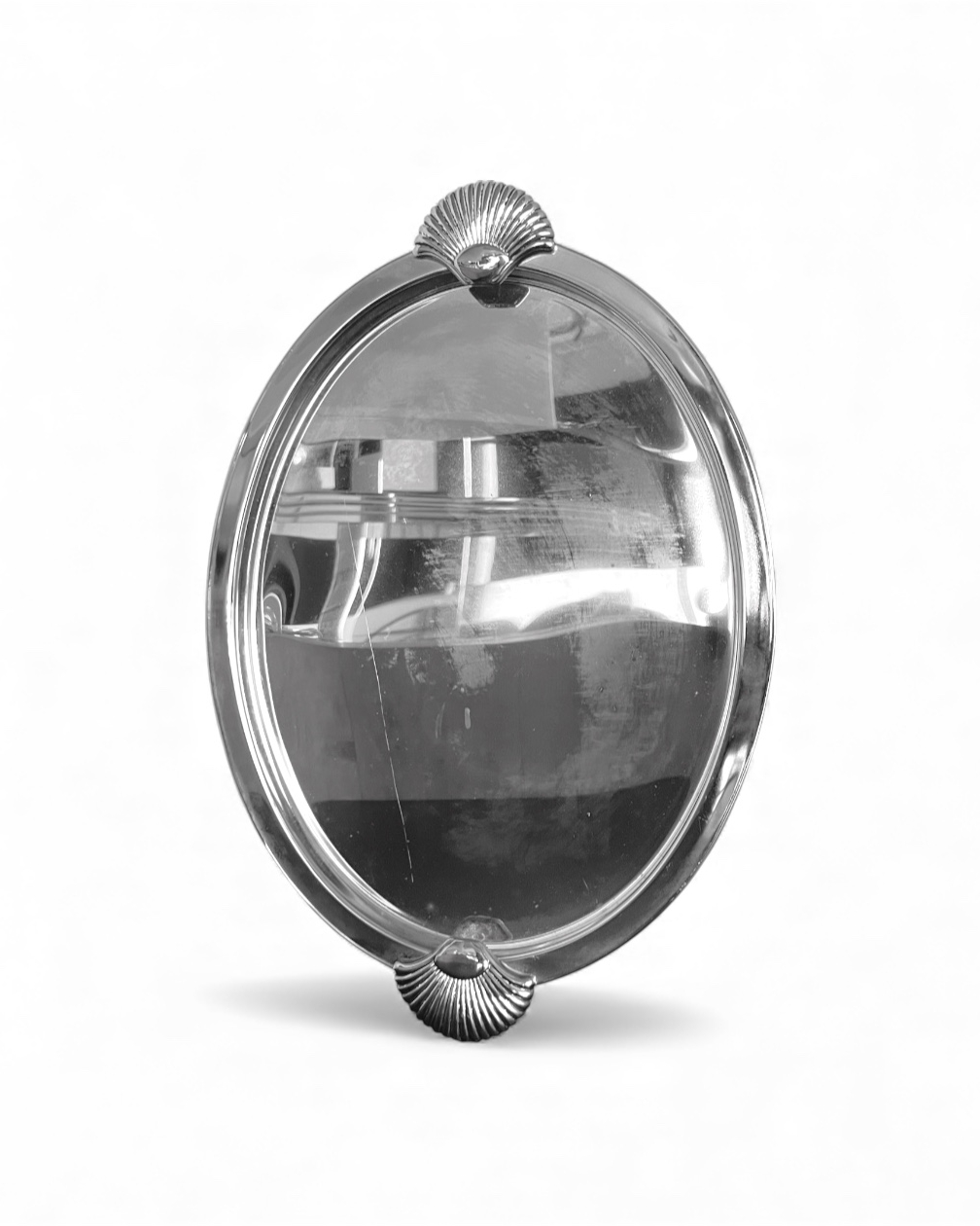 Vassoio vintage ovale in metallo argentato con manici a conchiglia