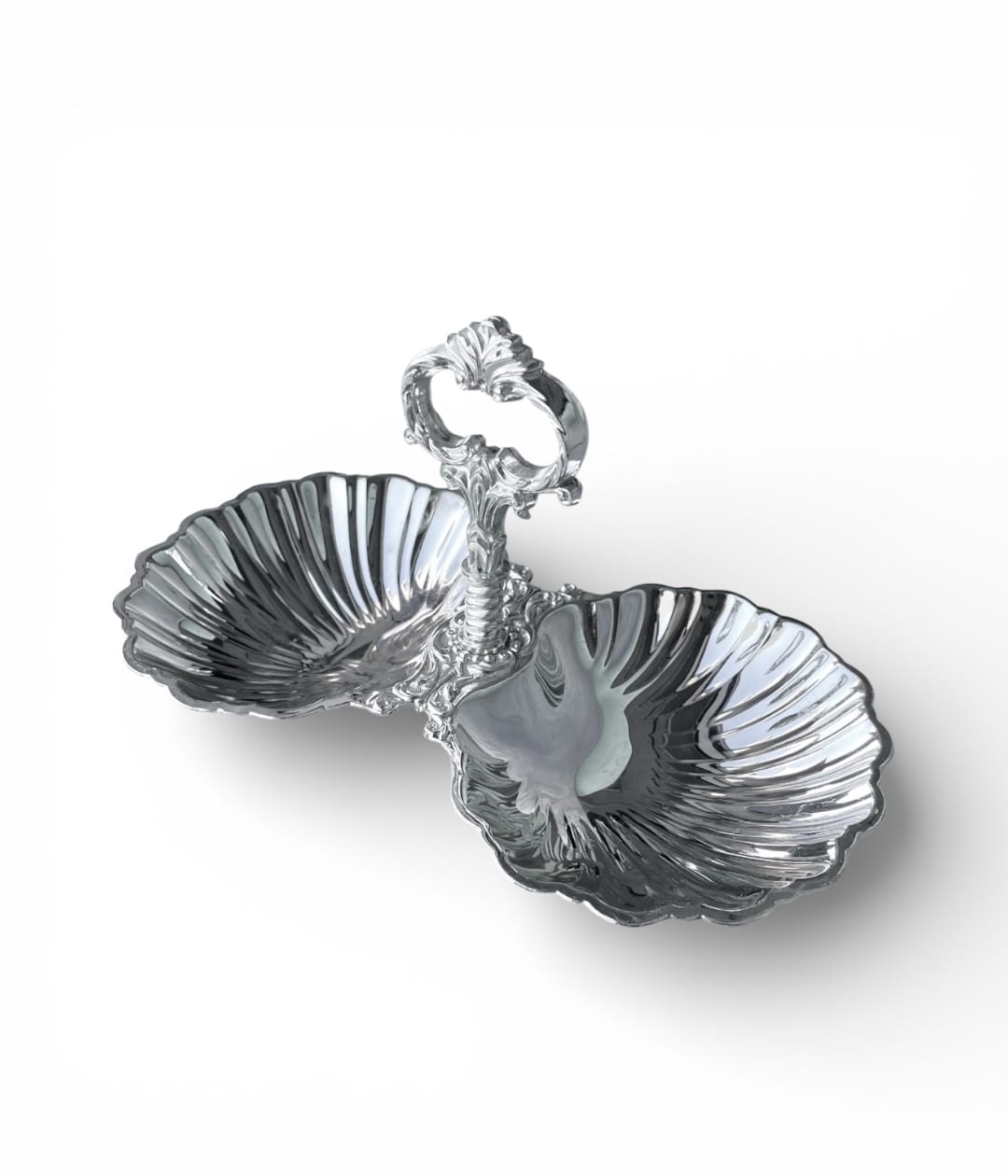Centrotavola doppia conchiglia in metallo argentato vintage