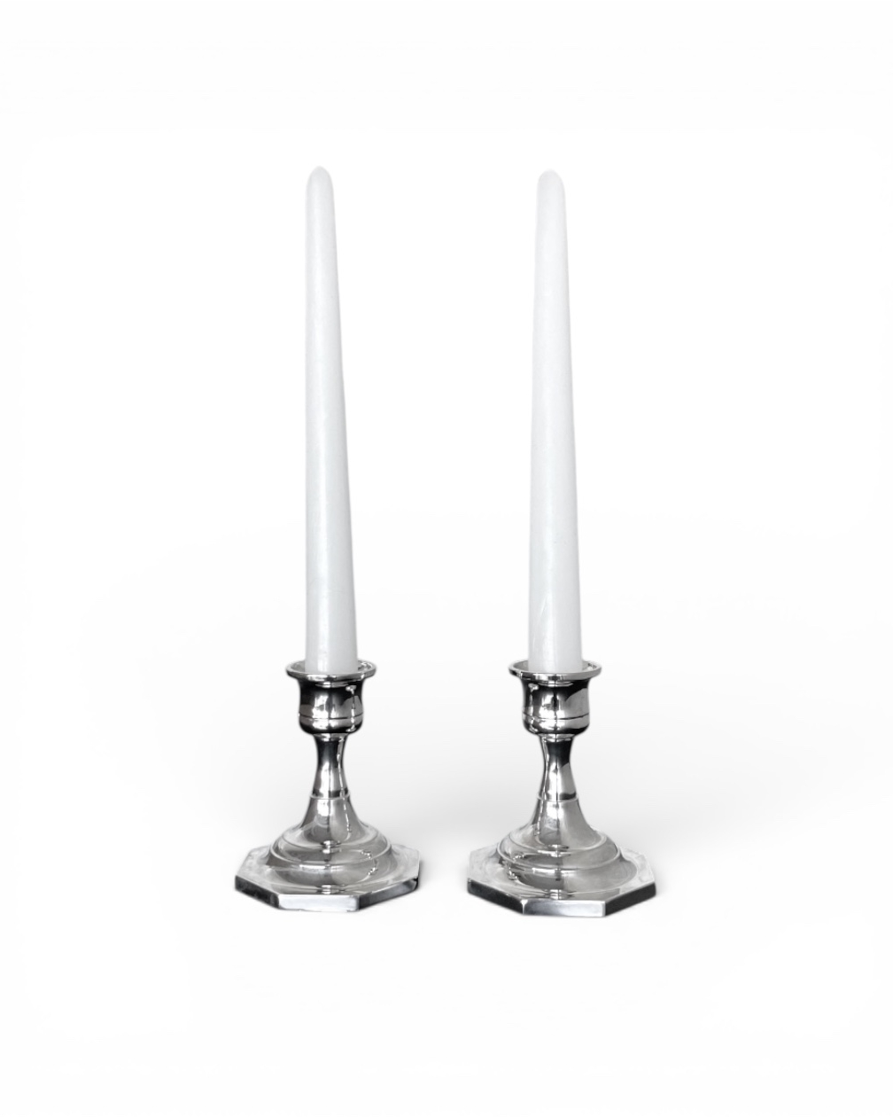 Set di due candelieri vintage ottagonali in silver plated con scatola originale