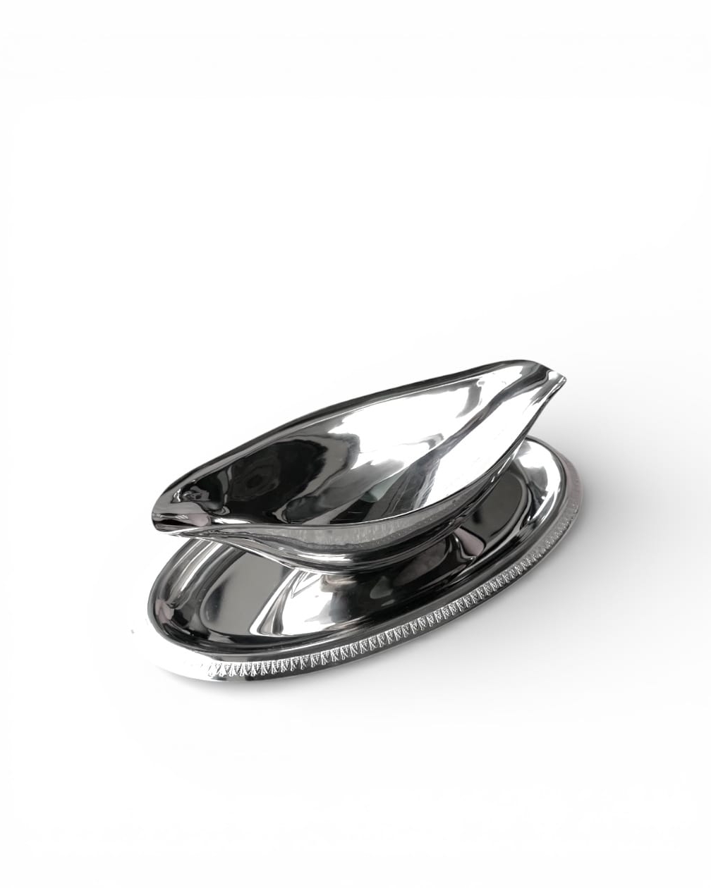 Salsiera vintage allungata con vassoio ovale incorporato in acciaio inox