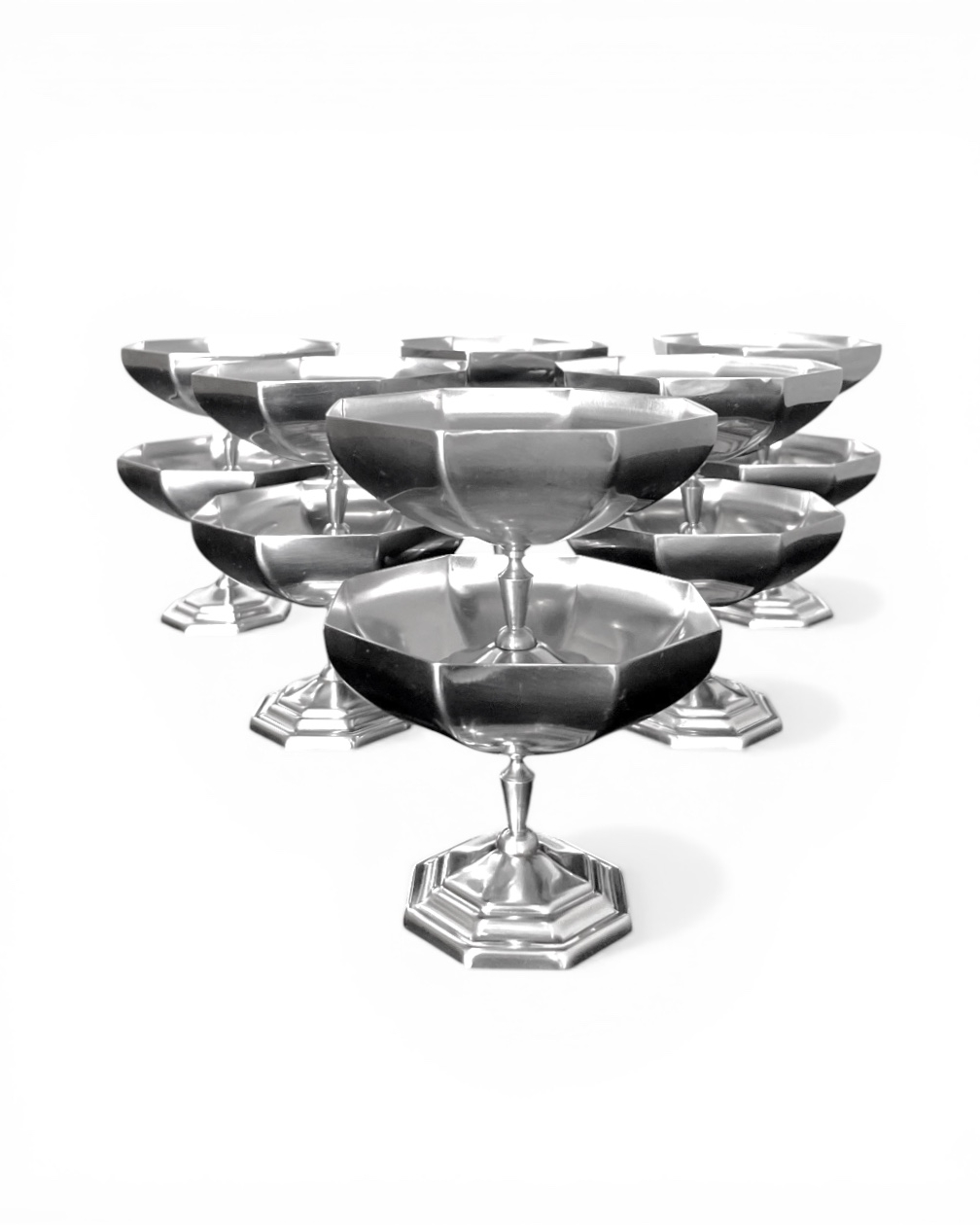 Set of 12 vintage steel cups with a rare octagonal design