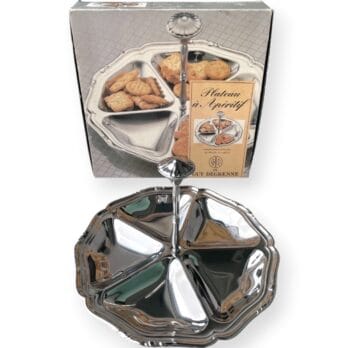 Vassoio da aperitivo Guy Degrenne, tondo in acciaio con manico e scatola originale