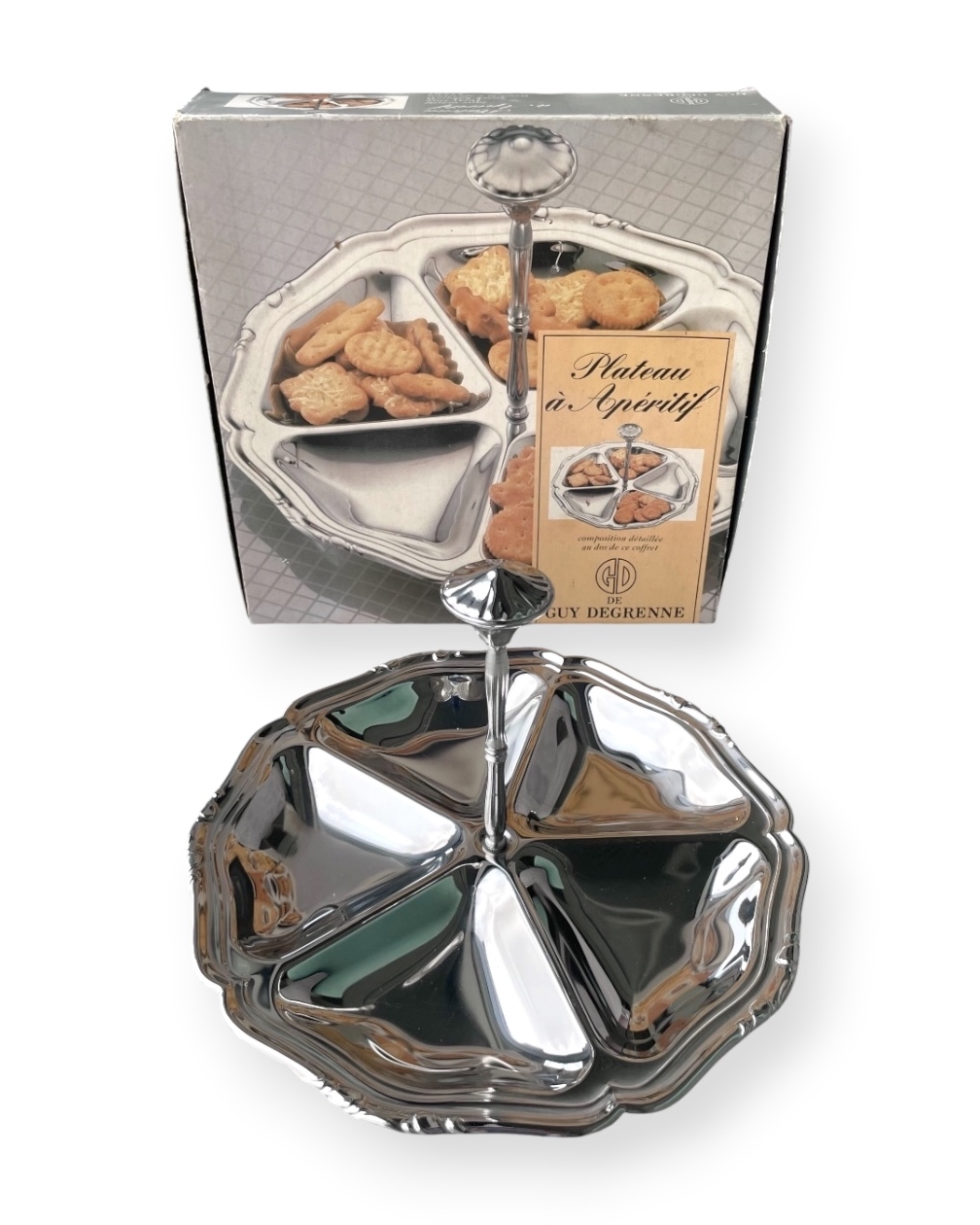 Vassoio da aperitivo Guy Degrenne, tondo in acciaio con manico e scatola originale