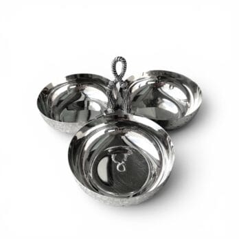 Vintage three-compartment centrepiece in silver-coloured metal, with a decorative tasselled handle
