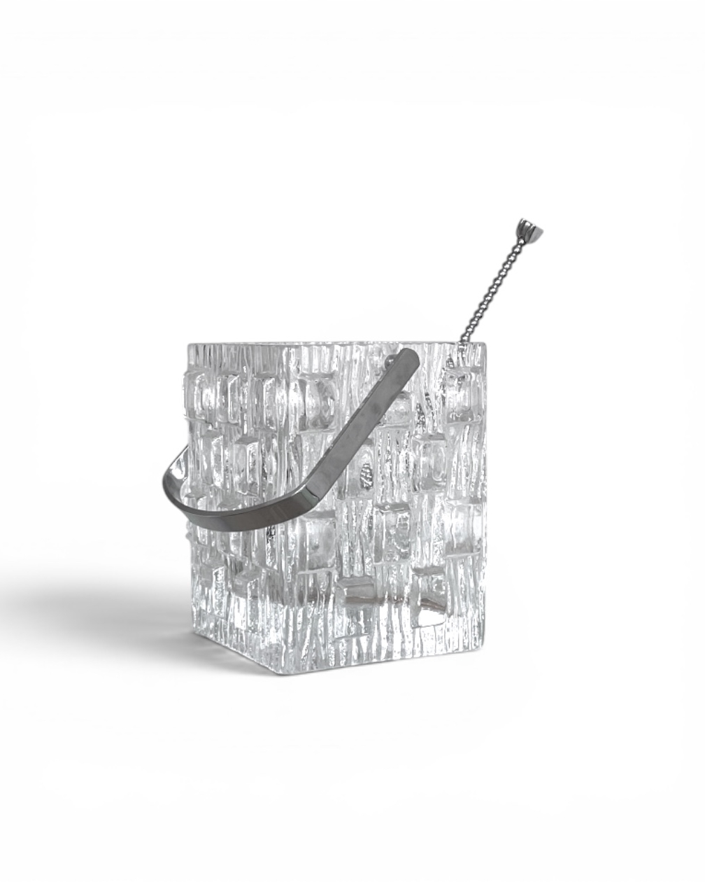 Vintage brutalist-style glass ice bucket with scoop