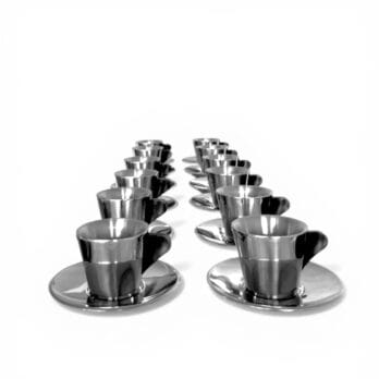 Set of 12 vintage Ikea coffee cups and saucers in stainless steel with black resin handles