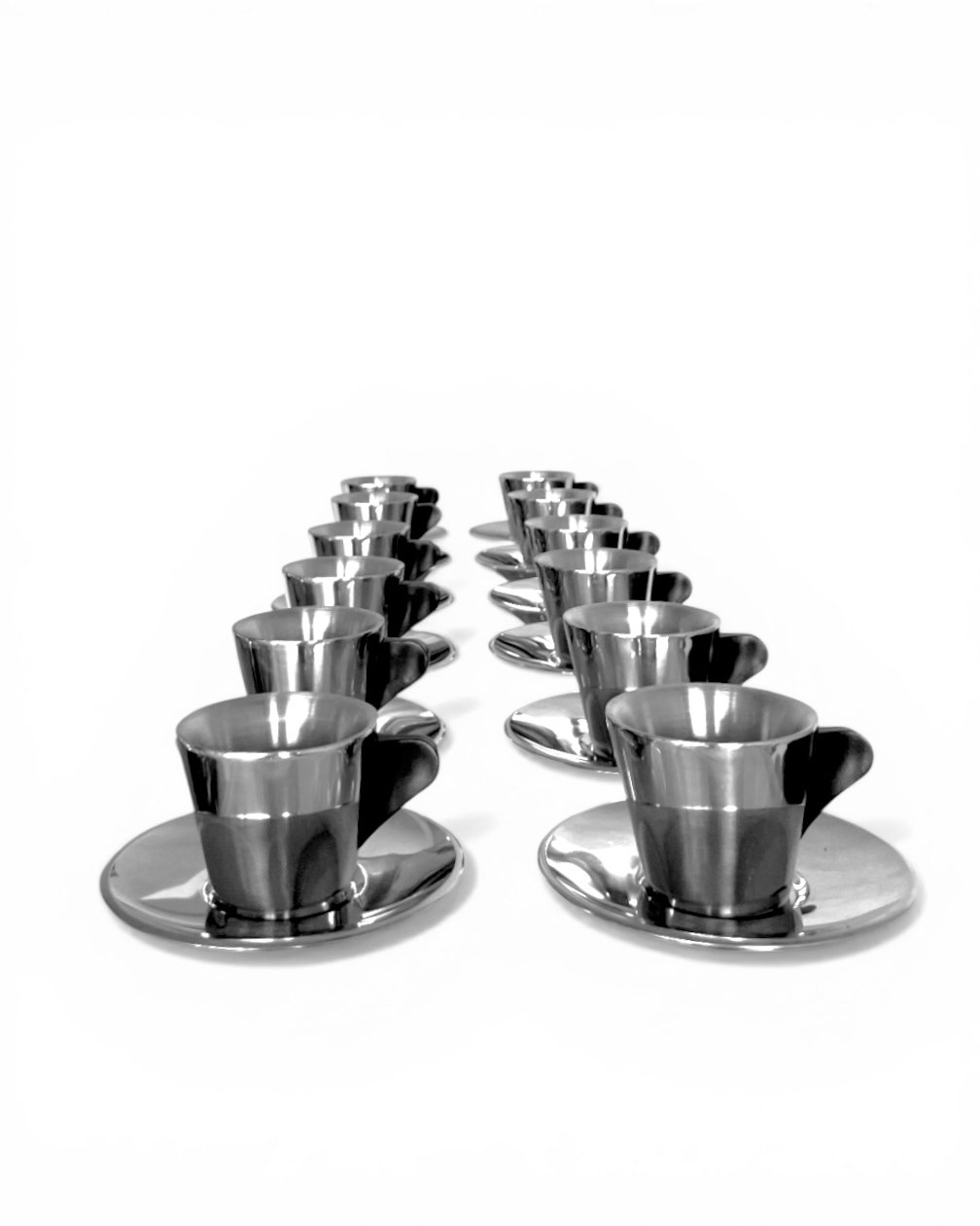 Set di 12 tazzine e piattini vintage Ikea in acciaio inox e manico in resina nera