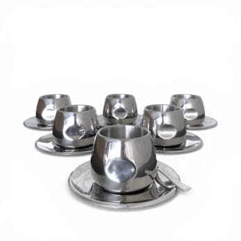 Set of 6 vintage AMC Art Design coffee cups and saucers, made of stainless steel, with original box