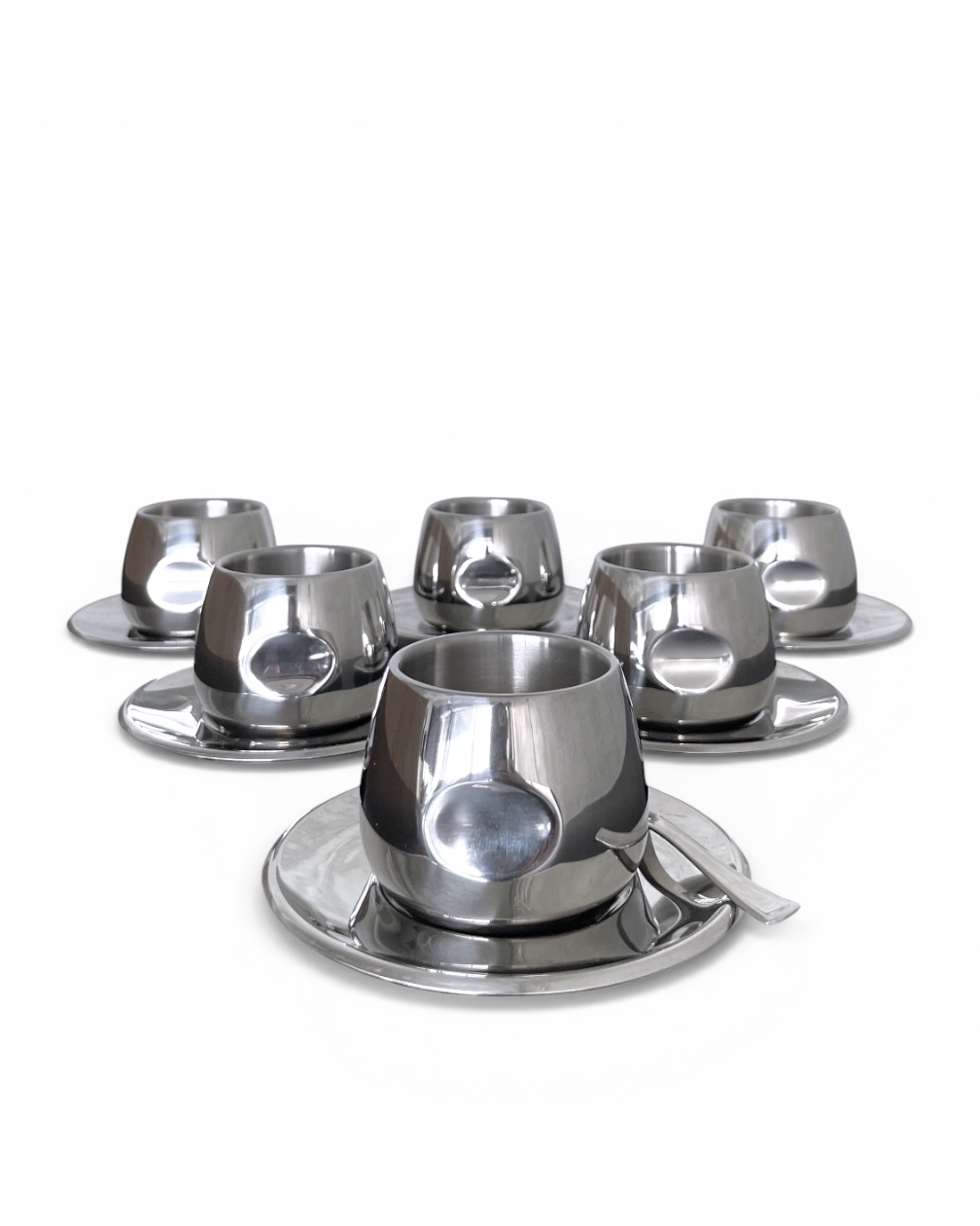 Set of 6 vintage AMC Art Design coffee cups and saucers, made of stainless steel, with original box