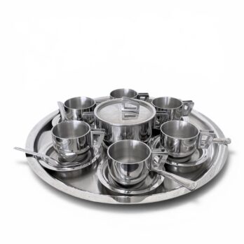 Set of 6 vintage stainless steel coffee cups and saucers, with a matching sugar bowl and tray