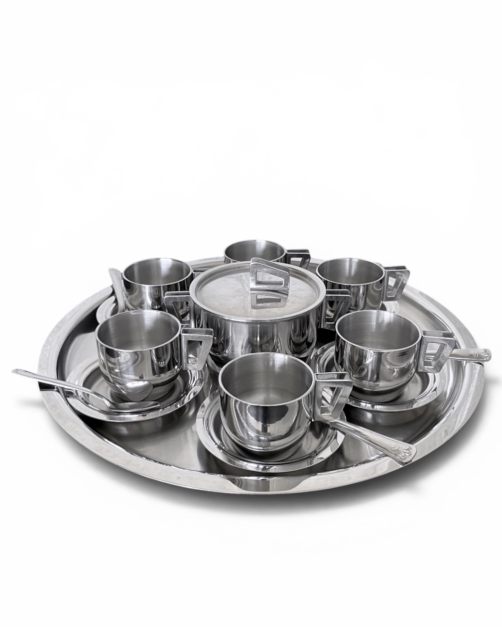 Set of 6 vintage stainless steel coffee cups and saucers, with a matching sugar bowl and tray
